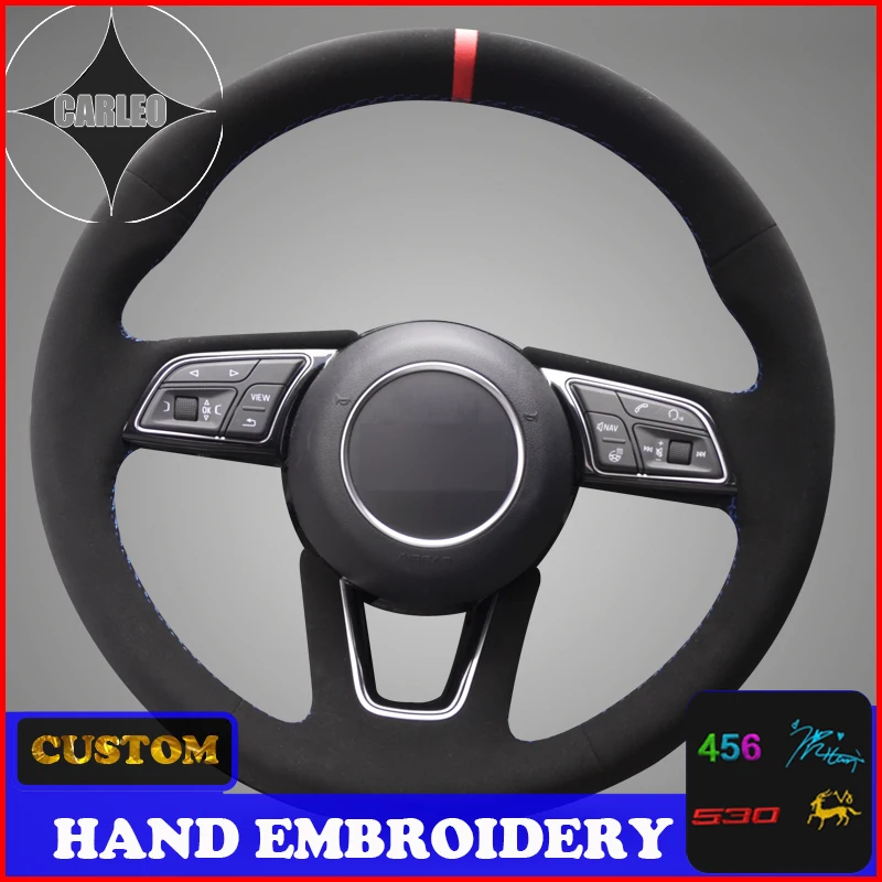 Holder for Audi A1 8X Sportback A3 (8V) A4 B9 A5 Q2 Suede Leather Custom Stitchwork Embroidery Steering Wheel Cover Top Layer