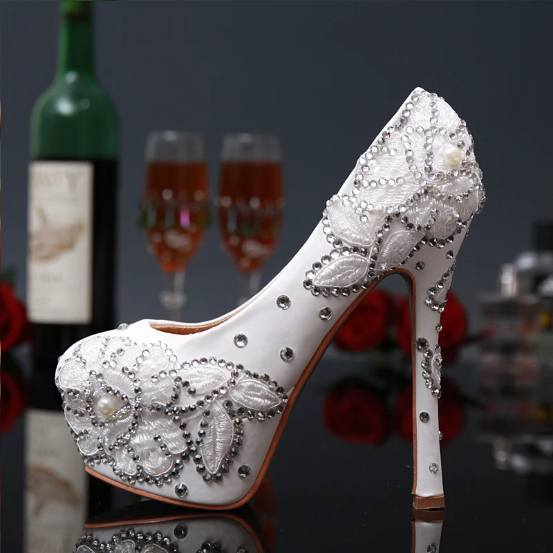 

Womens Wedding White Lace Shoes Embroider Pearl Bride Round Toe Pumps Sexy Thin High Heel Rhinestone Party Shoes Big Size 43