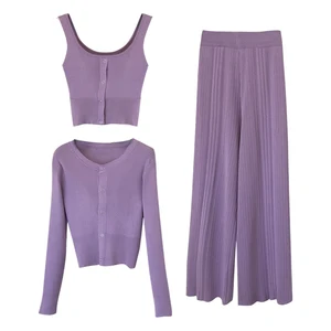 Осенние женские вязаные комплекты, модные однотонные однобортные костюмы, длинный кардиган с рукавами, камзол и широкие брюки, Женский комплект из 3 предметов