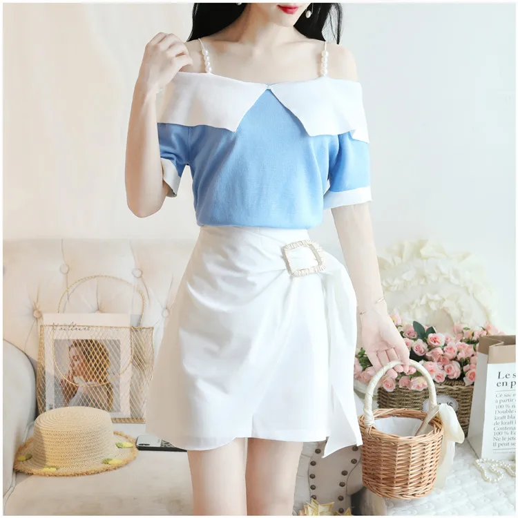 

Pearl Belt Large Loose Knitting Top Of Short Sleeves, Irregular Skirt Sweet Girl Clothes Women 2 Pcs Clothing Set
