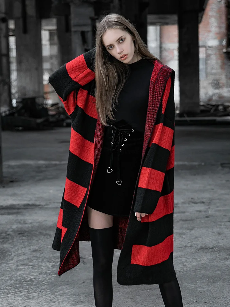 Женский свитер в полоску стиле панк осенне-зимний длинный кардиган ведьмы