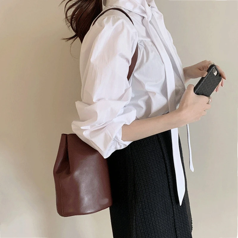 RealShe белая женская блузка со стоячим воротником и длинным пышным рукавом