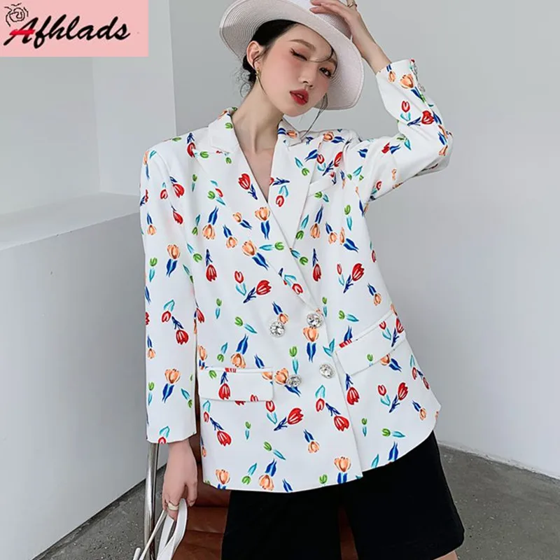 

Осенняя однобортная куртка со стразами и цветочным принтом, модная офисная женская верхняя одежда с длинным рукавом и английским воротнико...