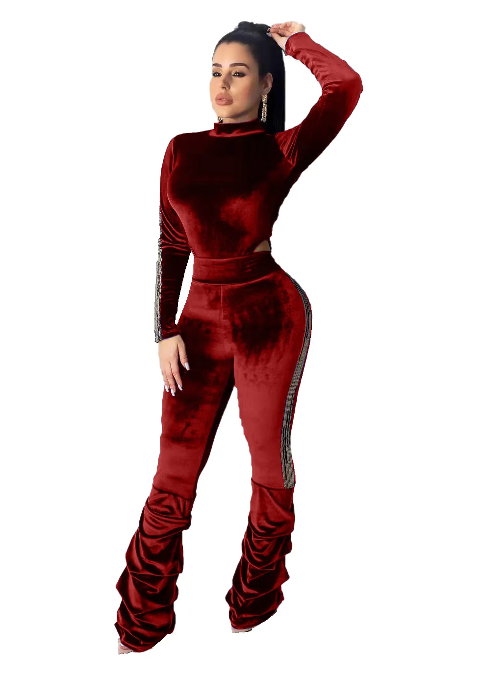 Velvet Tracksuit Warm Two Piece Set Sexy Long Sleeve Cut Out Bodysuit + Pencil Pants Matching Outfit 2019 Autumn Outfits |