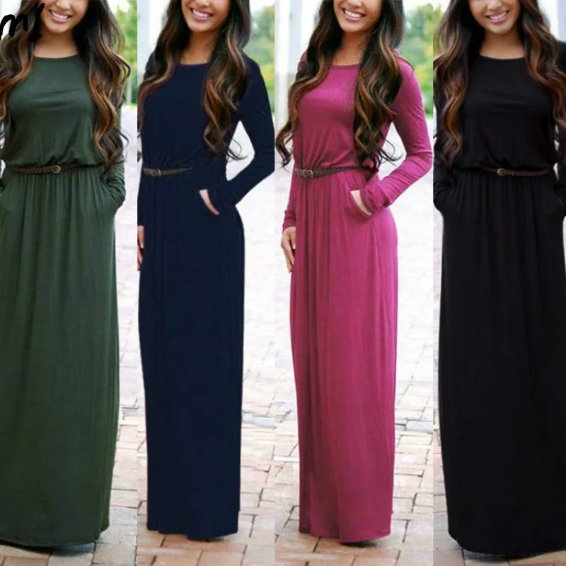 Осенне зимнее женское длинное платье с круглым вырезом облегающее в богемном