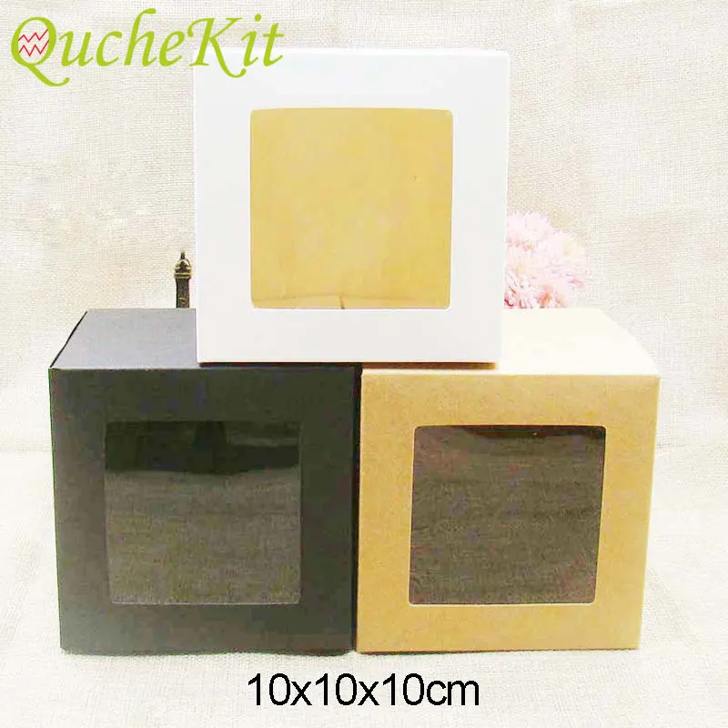 10pcs White Black Kraft Folding Packing Gift Boxes with Clear Window DIY Handmade Soap Candy Cake Cookie Cupcake Display Box