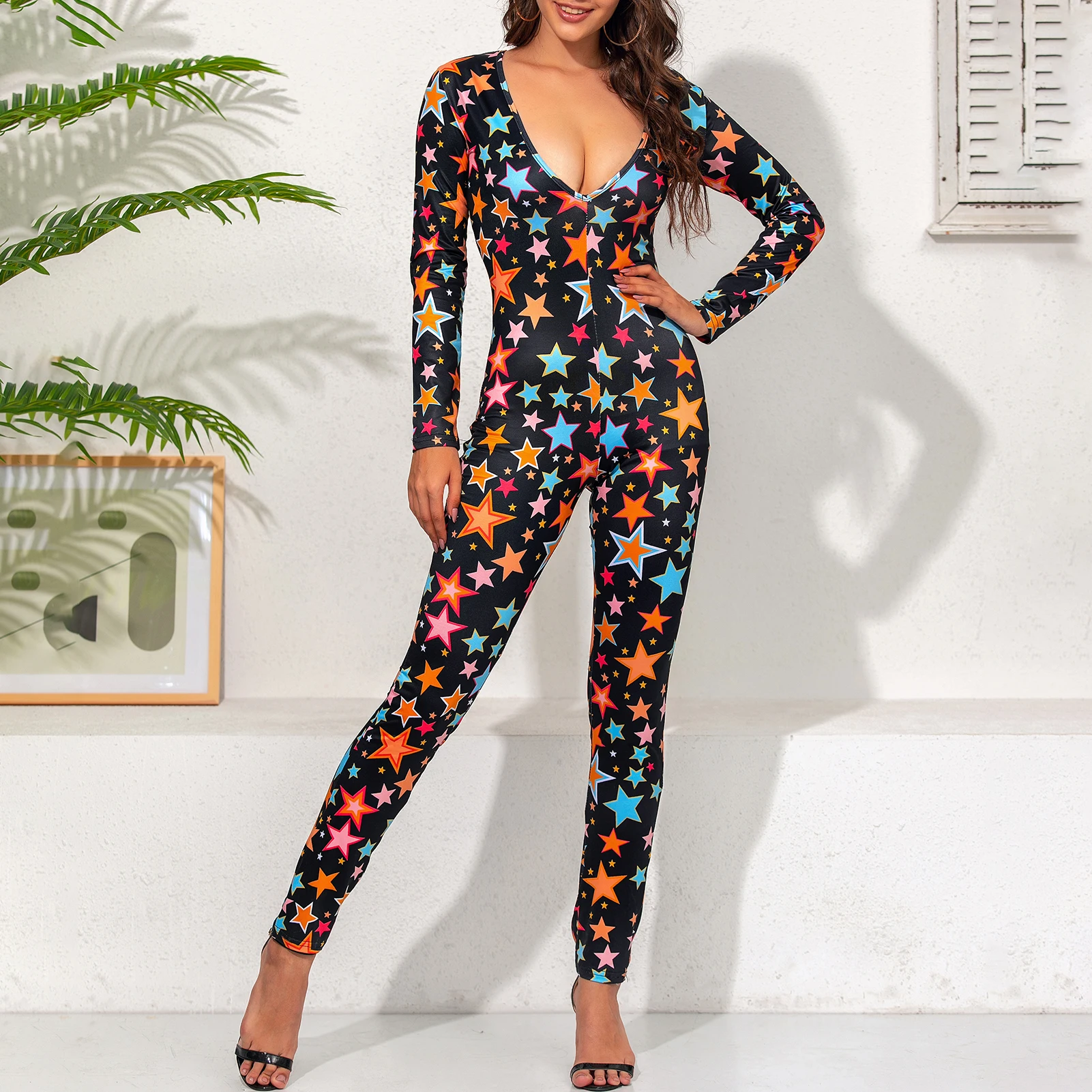 

Women Christmas Jumpsuit Autumn Winter Long Sleeve Star Pattern Print Jumpsuits Deep V Neck Casual Home Bodycon Overalls