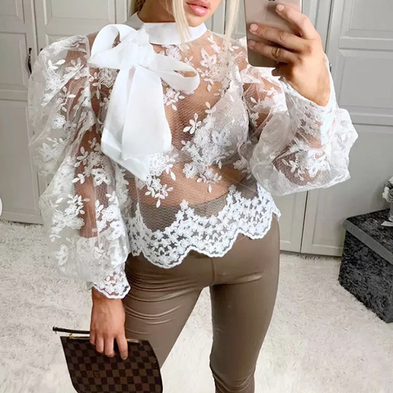 2020 Прозрачная женская блузка с бантом модная вечерняя Клубная рубашка женские