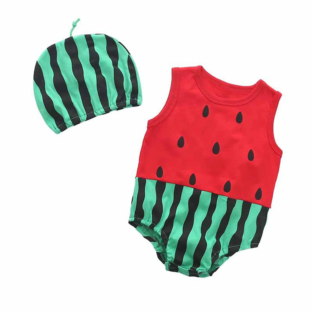 

2Pcs Cute Animal Fruit Sleeveless O-Neck Infant Baby Cotton Romper Jumpsuit Hat