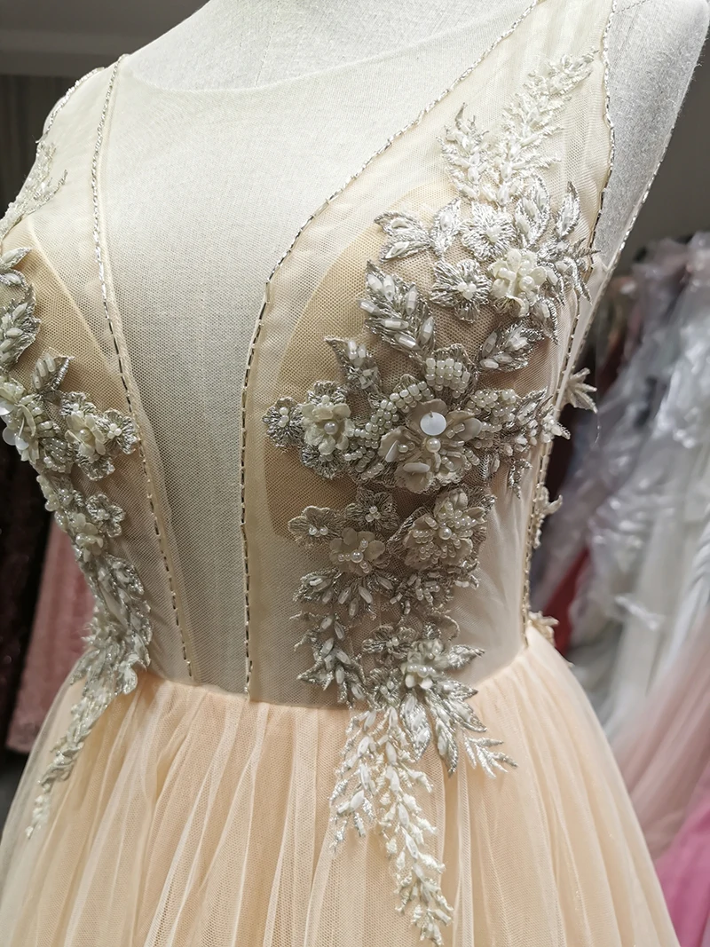 SSYFashion Новое роскошное вечернее платье высокого класса на заказ цвета шампанского с v-образным вырезом и кружевной аппликацией Бисероплетение без спинки Lllusion официальное платье для выпускного вечера