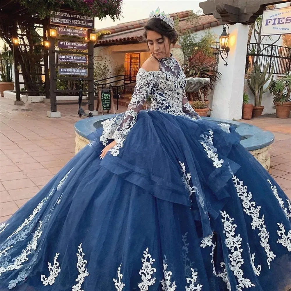 

Quinceanera Dresses Navy Blue White Lace Appliques Long Sleeves Ball Gowns Off Shoulder 15 years dresses Sweet 16 Elegant Gowns