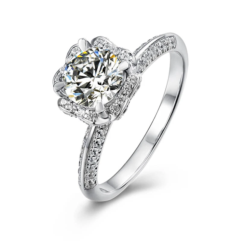 

White Gold Plated Ag925 Silver 1ct 6.5mm Moissanites Ring Flower Shape Row Diamond Inlaid Holiday Gift M07A