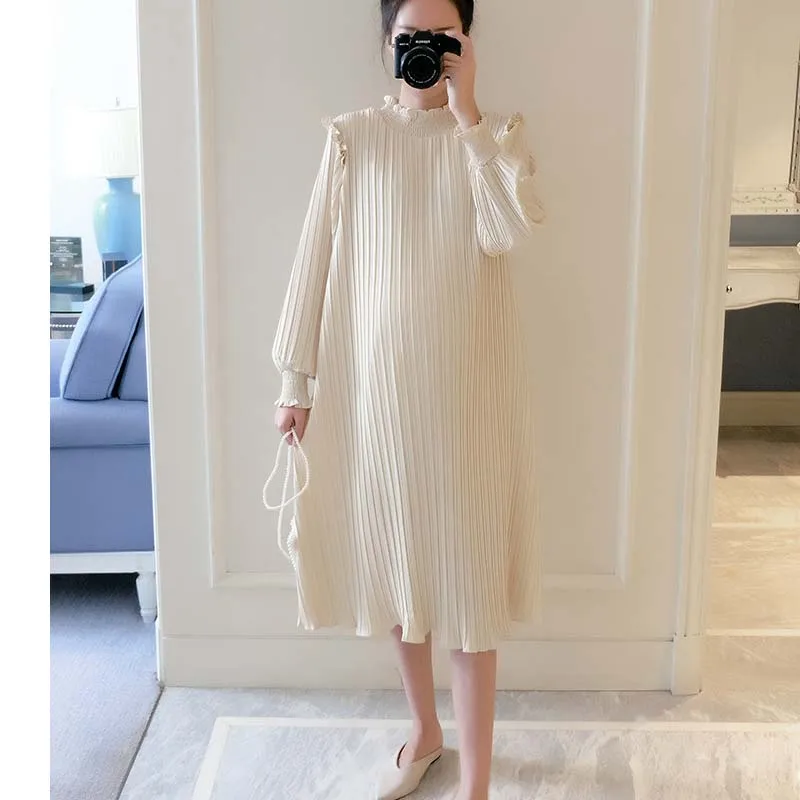 Maternity Dresses Casual Solid Long Sleeve Loose Maternity Clothes For Pregnant Women Fashion Pleated Long Pregnancy Dress