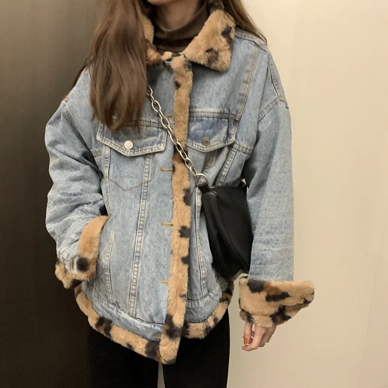 

Lugentolo Denim Jacket Women Women Korean Loose on Both Sides Leopard Flocking Turn-down Collar Winter Coats
