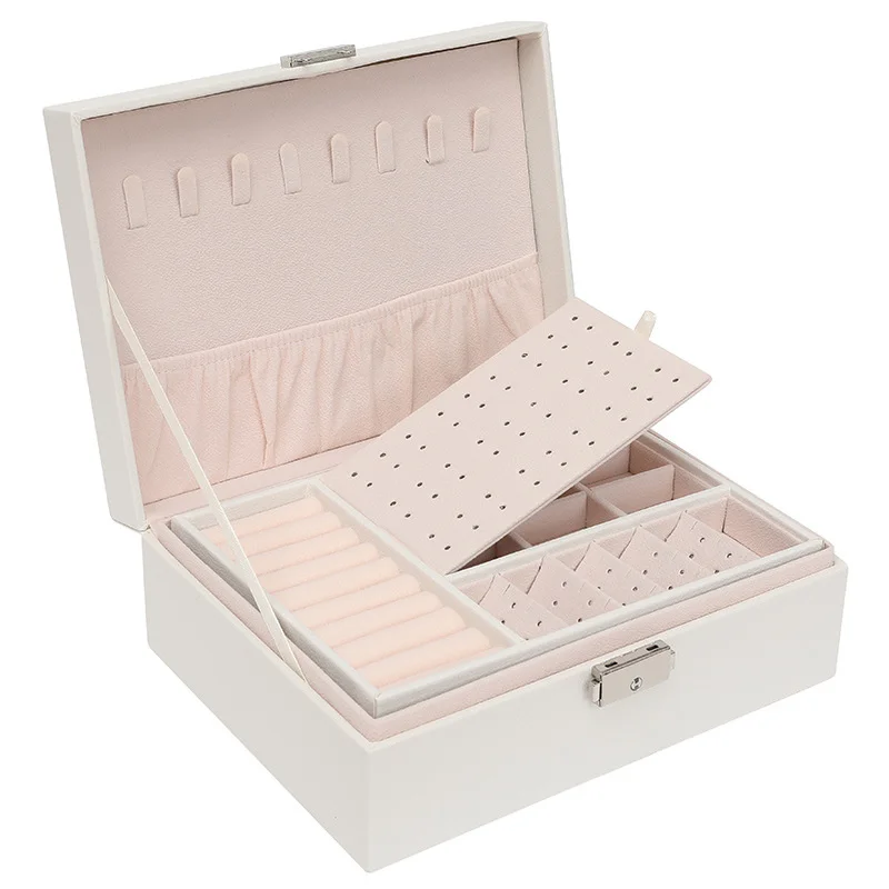 

New simple double layer lock wooden leather Earrings Large jewelry box