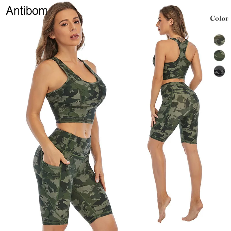 

Antiobm Camouflage Printing Women's Suit Fitness Yoga Sets High Elastic Sports Gym Leggings Running Crop Top Breathable Bras