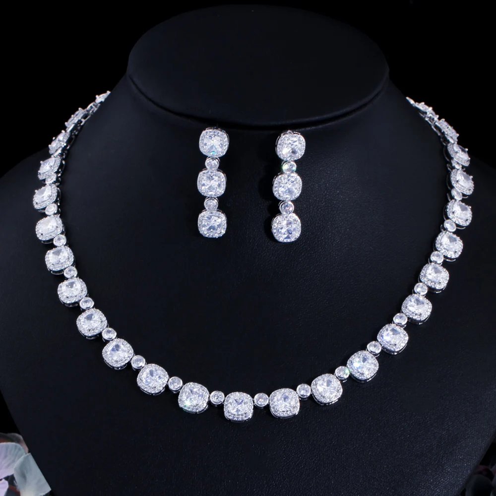 

CWWZircons Full Square Cubic Zirconia Paved White Gold Color Luxury Women Wedding Necklace Bridal Party Dress Jewelry Sets T577