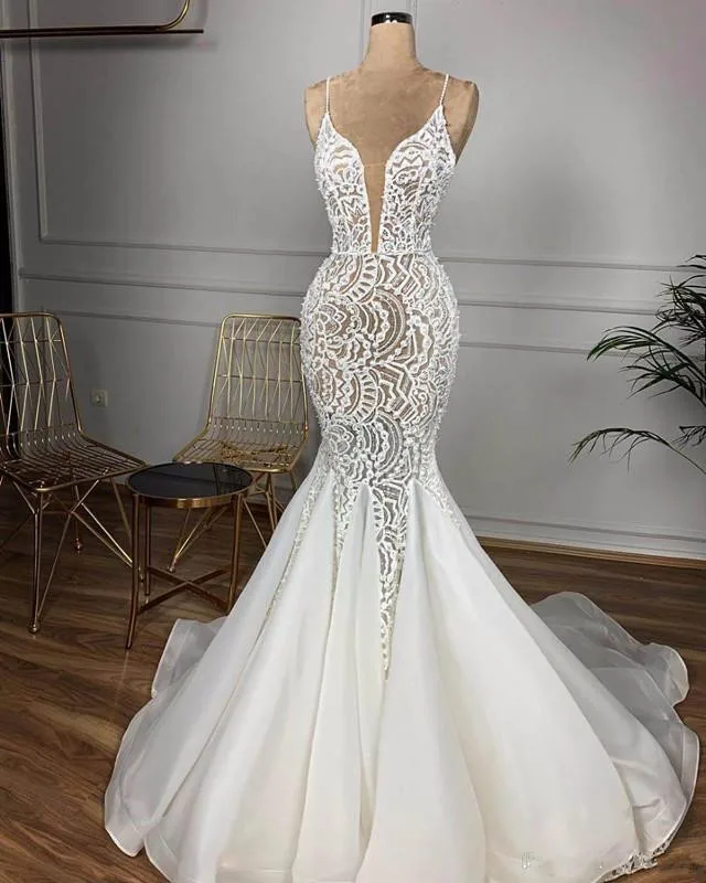 

Sexy Full Lace Spahetti Mermaid Wedding Dresses Vintage Open Back Sweetheart Bohemian Bridal Gown Vestido De Novia