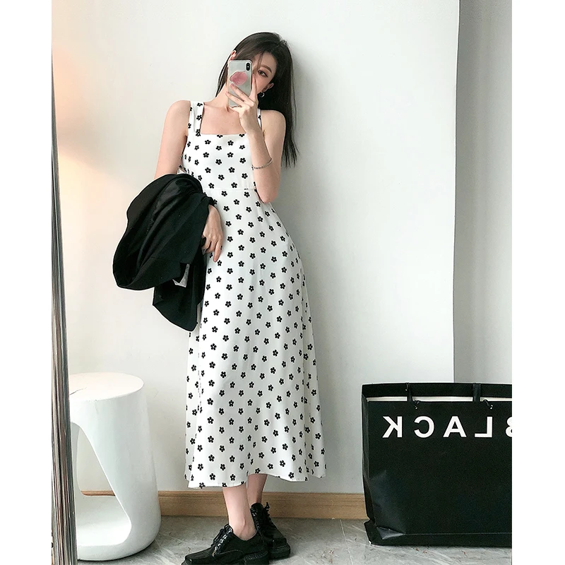 

Summer Women Floral Strap Dress 2021 Robe Casual Loose Square Collar Chiffon Tank Dress Korean Clothes Female Vestidos
