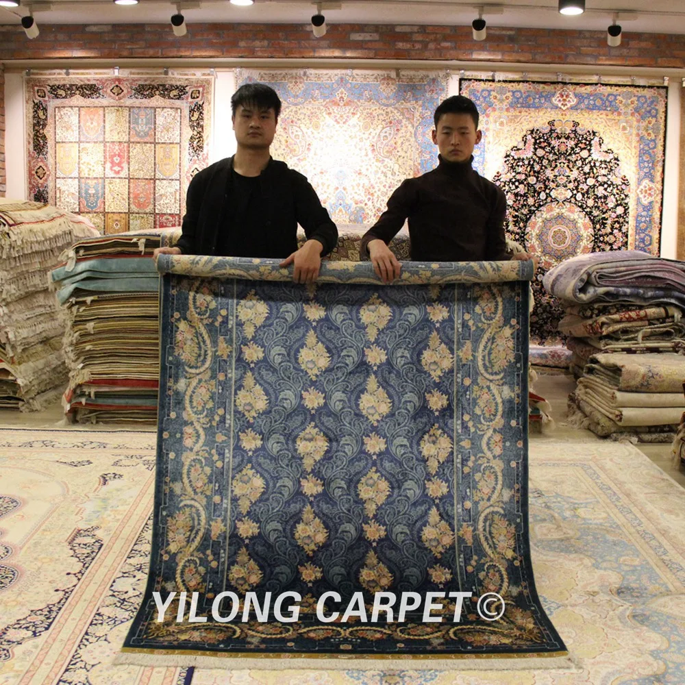 Yilong 4 5 'x 6 5' Синий турецкий традиционный шелковый ковер с цветочным узелком