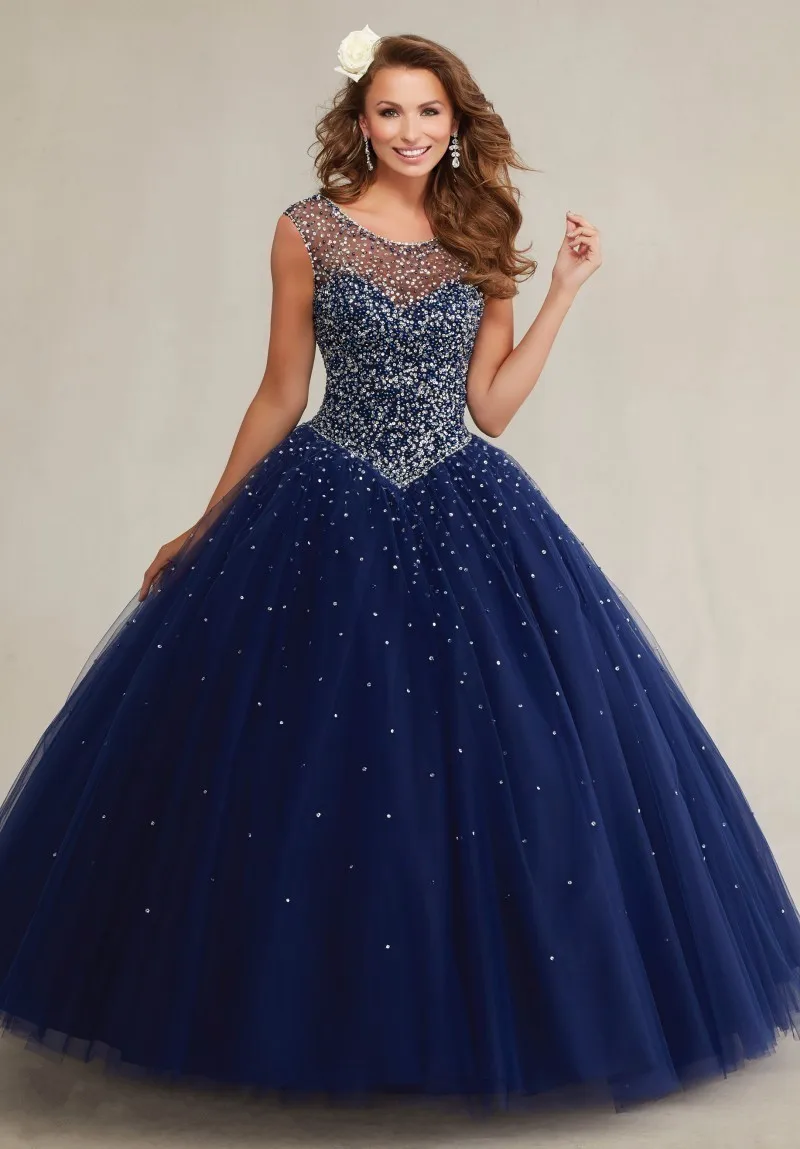 

Navy Blue Cheap Quinceanera Dresses Ball Gown Scoop Tulle Beaded Backless Puffy Sweet 16 Dresses