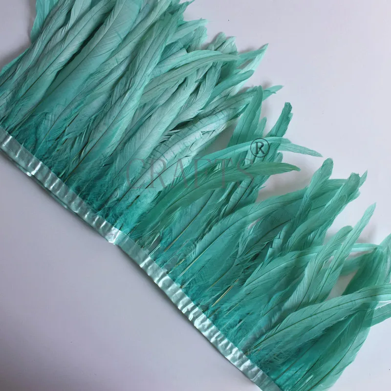Mint Green 10 Yards Rooster Feather Trims 25-30cm Coque Feather Strung Chicken Feather Trimming Dress/Skirt /Costume Carnival Decoration - Color: Mint Green
