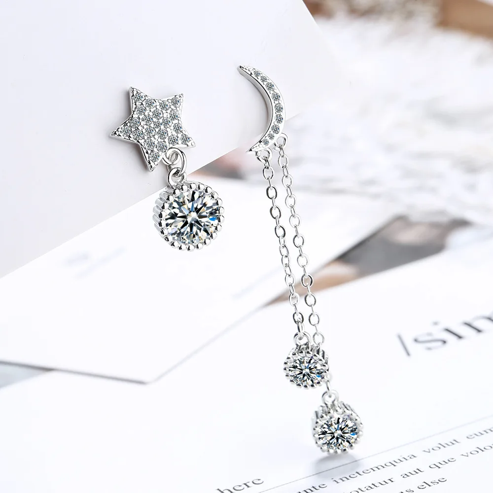 

Utimtree Korean Women Cubic Zirconia Asymmetric Moon Star Tassel Earrings Jewelry Drop Earrings for Girl