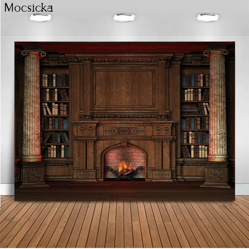 

Mocsicka Christmas Theme Background Bookshelf Fireplace Decoration Style Child Portrait Photo Background Photography Banner
