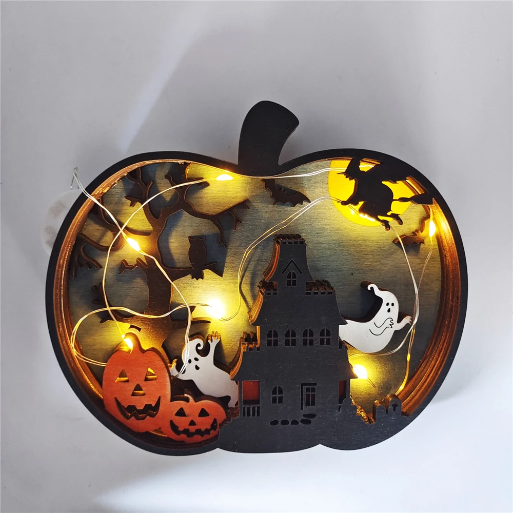 

Halloween Decoration Wooden Hollowed Small Pumpkin LED Light Cute Desktop Ornaments Home Decor Accessories