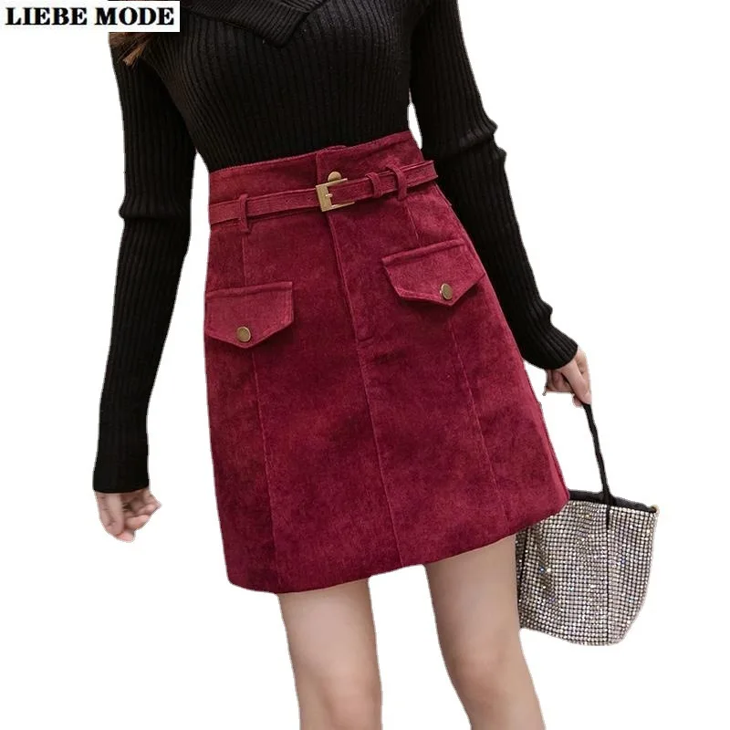 

Autumn Winter Vintage Straight Corduroy Mini Skirts Women A-line Skirt with Belt Red Burgundy Khaki High Waist Skirt Female