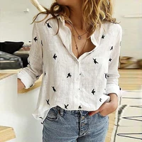 2021 spring tshirt womens shirt bird print long sleeve blouse loose casual office tee tops ladies buttons oversize shirts s 5xl