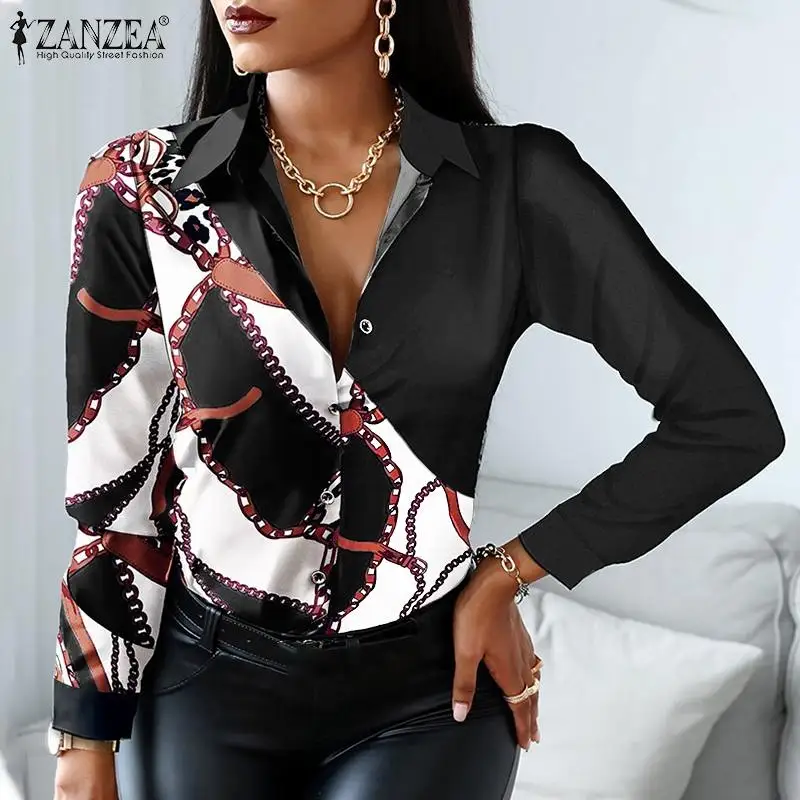 

ZANZEA Women Fashion Floral Printed OL Satin Shirt Autumn Lapel Neck Long Sleeve Blusas Vintage Party Tops Long Sleeve Blouse
