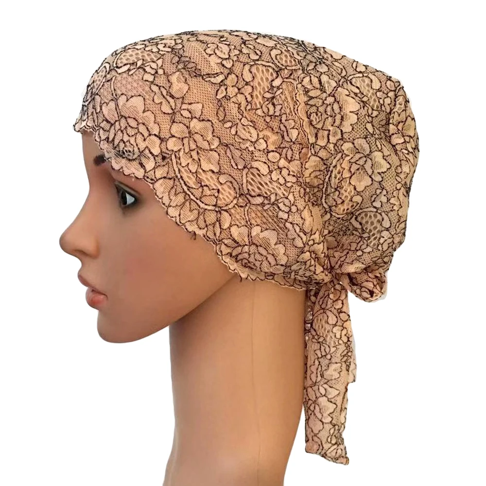 30 Light Brown Flower Women Muslim Inner Cap Lace Head Wrap Cover Scarf Islamic Headwear Bonnet Hat Skullies Beanies Hair Loss Fashion - Цвет: 30 Light Brown