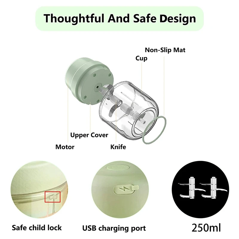 

Wireless Electric Mini Food Chopper 250ML,USB Glass Portable Garlic Blender Press Chopper Processor for Onion Meat,Green