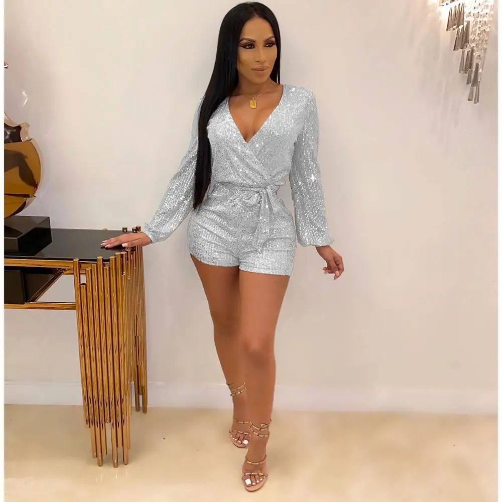 Модные блестящие тканевые комбинезоны с длинным рукавом женские сексуальные