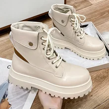 Botines con cordones para mujer, zapatos de punta redonda, calzado de plataforma gruesa, botas informales a la moda, botas suaves (1)