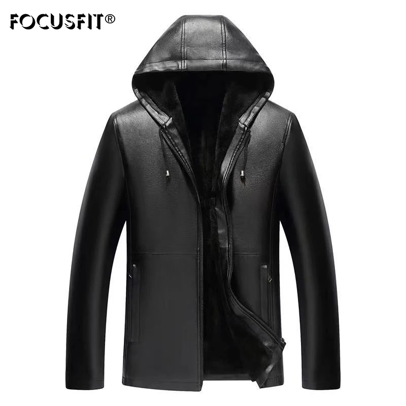 

FOCUSFIT Men's Winter Hooded Leather Jacket Men's PU Material Casual Leather Jacket Plus Velvet Men's Leather Jacket