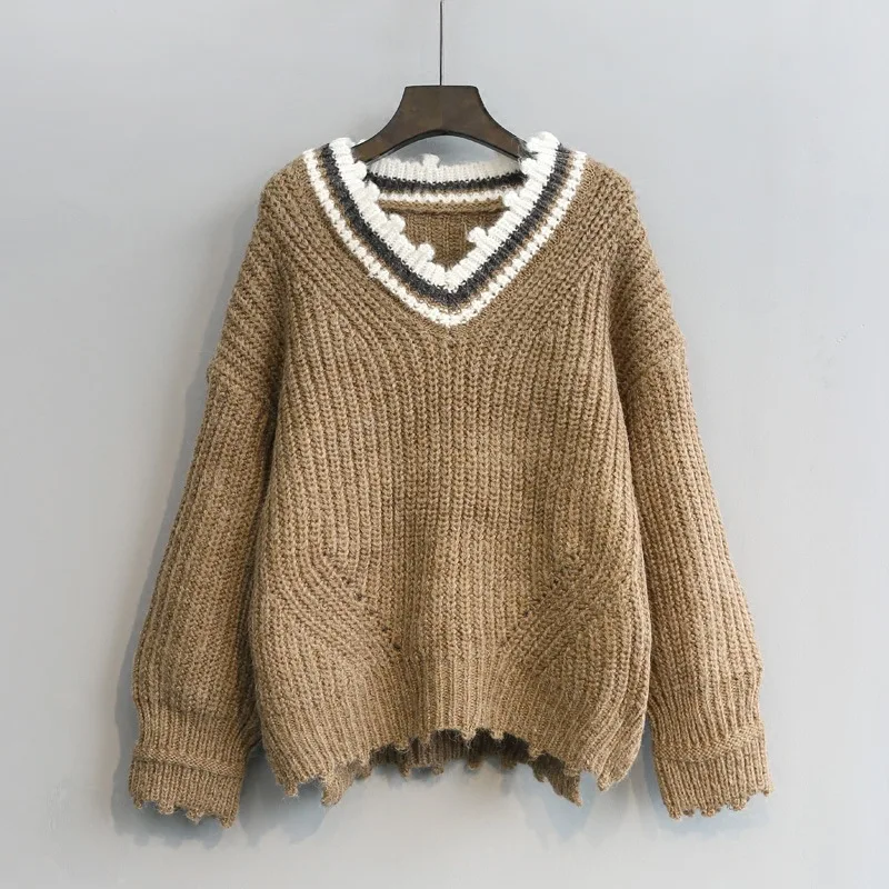 Свитер женский трикотажный в полоску однотонный с V-образным вырезом зимний 2021 |