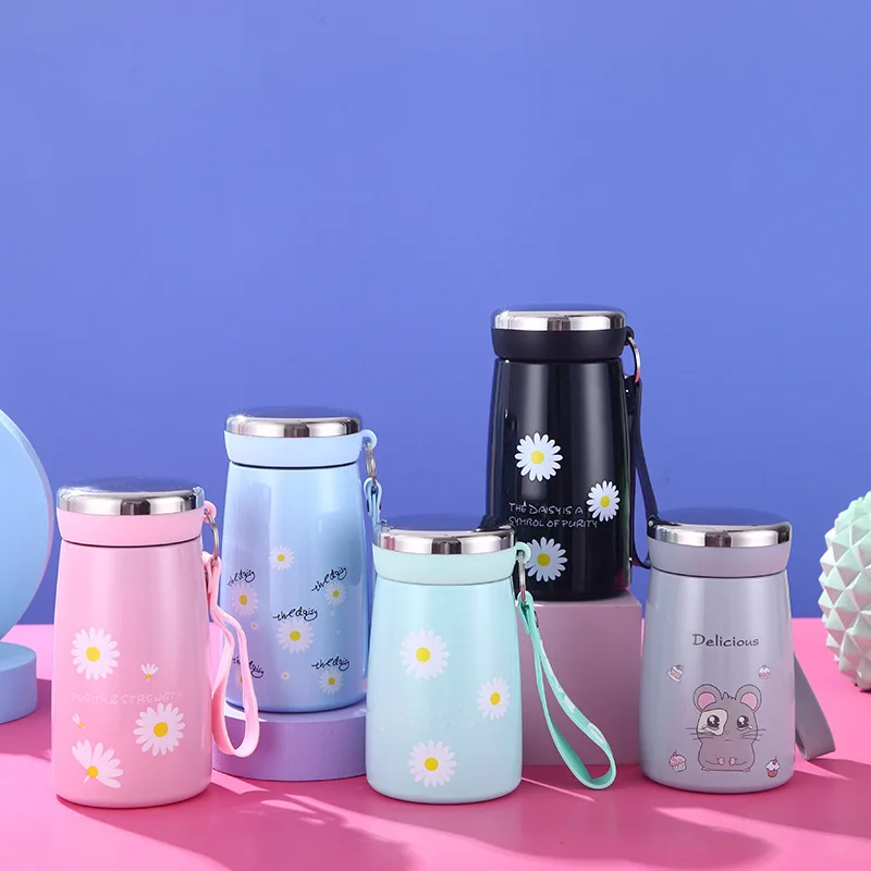 

320ML/280ML Thermos Cup creative Cute Flower Design Student Girl Stainless Steel Big Belly Portable Water Cup With Rope