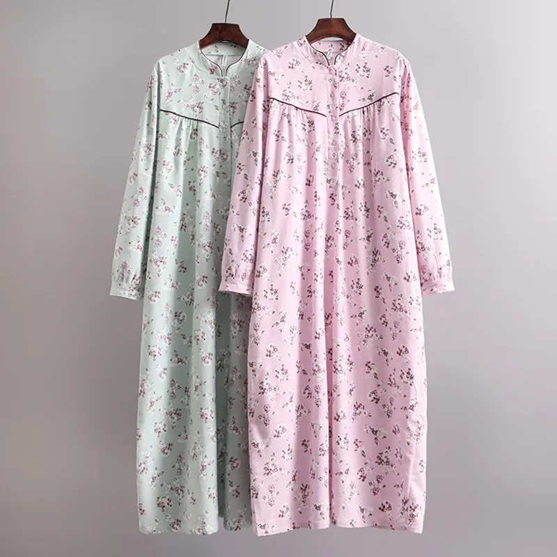 Ladies Long Dress Women's Nightdress Extra-long Pink Cotton 100% Nightgown Loose Fashion Print Robes