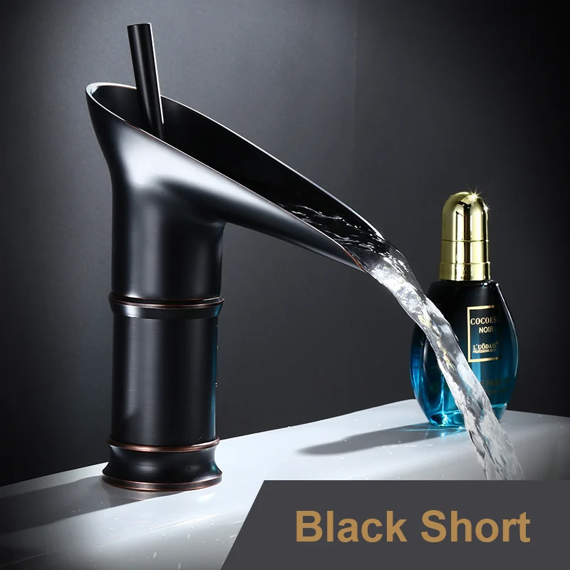 Black Short Водопад антикварные краны ванная раковина кран черный латунный Смеситель для раковины краны горячей и холодной воды винный стеклянный стиль ретро Каскадный кран - Цвет: Black Short