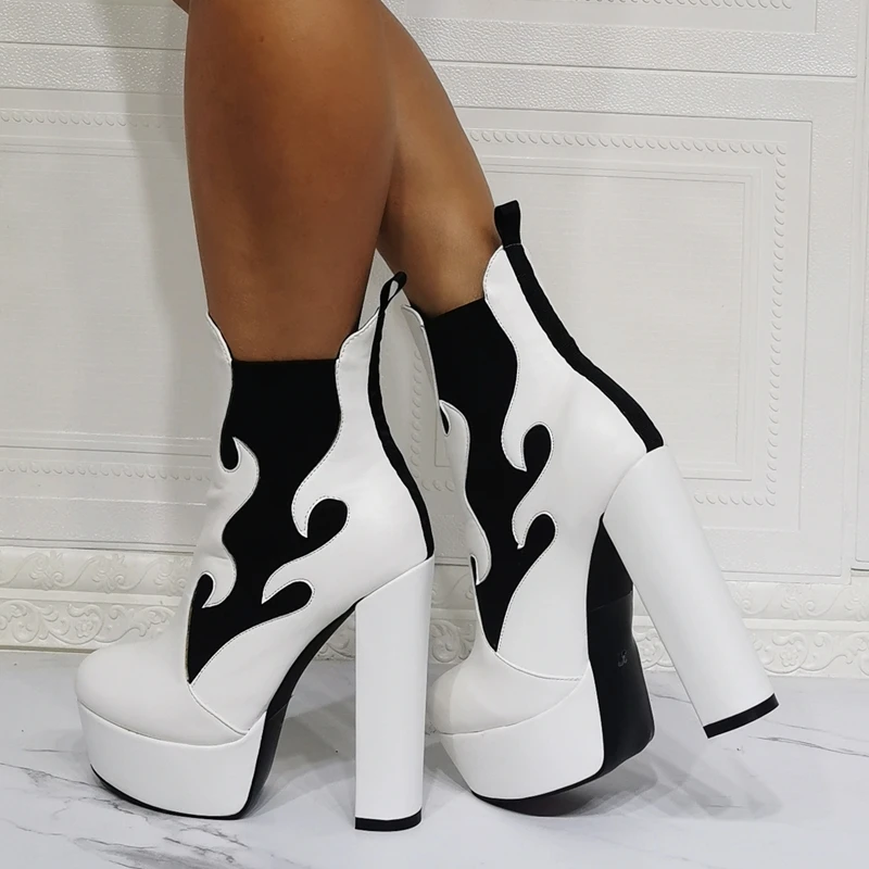 Contrast Black and White Women Shoes Booty Round Toe Platform Fashion Ankle Boots High Heel Big Size 47