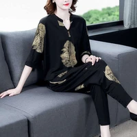women summer casual suit 2022 new fashion casual printed mothers dress female buttons harem pants two piece sets sleevesa