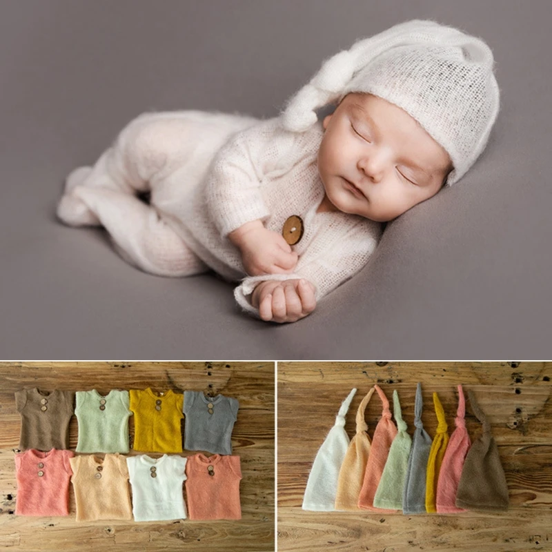

2Pcs Baby Hat Bodysuit Set Newborn Photography Props Cap Romper Jumpsuit Kit Infants Photo Shooting Clothing Outfits