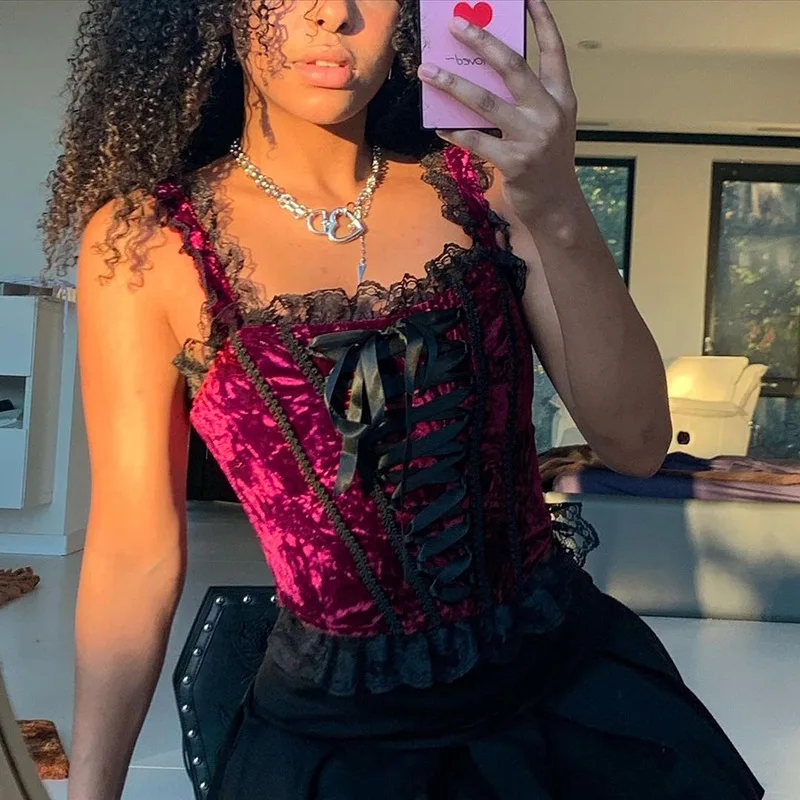 

Vintage Lace Patchwork Tank Top Gothic Clothes Punk Grunge Red Bodycon Women Crop Tops Backless Ruffles Bustier