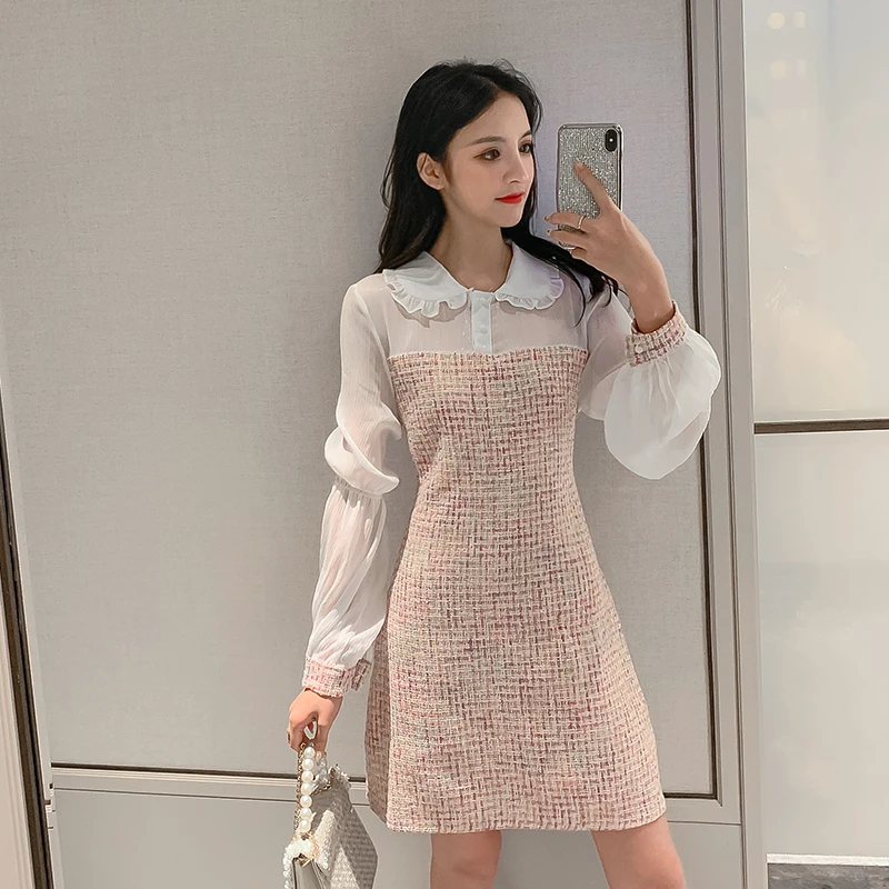 Женское твидовое платье с длинным рукавом Элегантное маленькое привлекательное