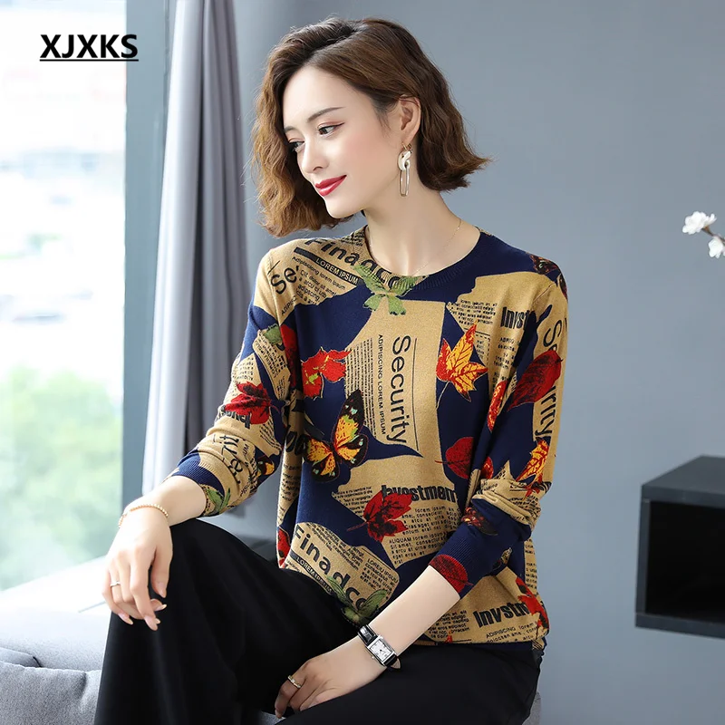 

XJXKS Autumn 2021 new women printed sweater fashion letters fashion cashmere knitted sweater women pullover