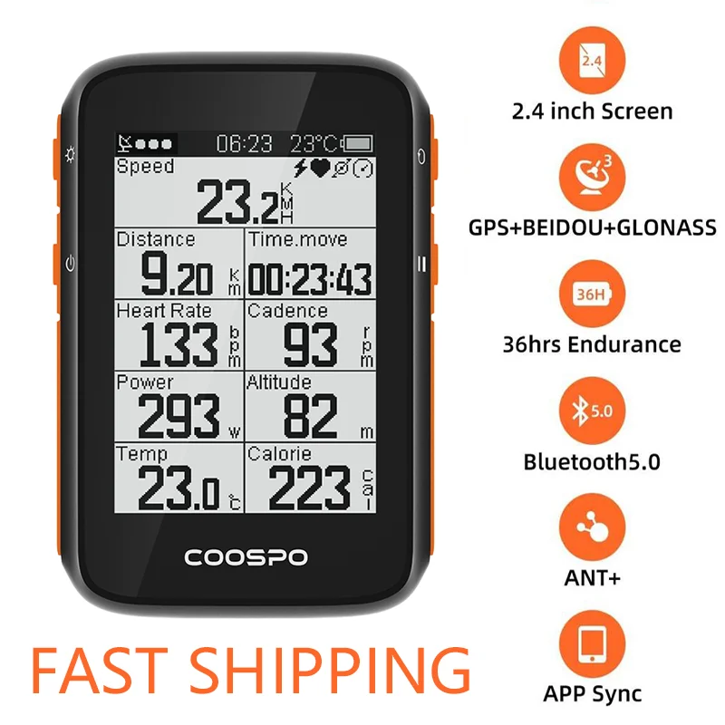 

CooSpo Wireless Cycle Bike Computer GPS Speedometer Odometer 2.4 Inch BLE5.0 ANT+ APP Sync Sensor Waterproof with Bracket Spain