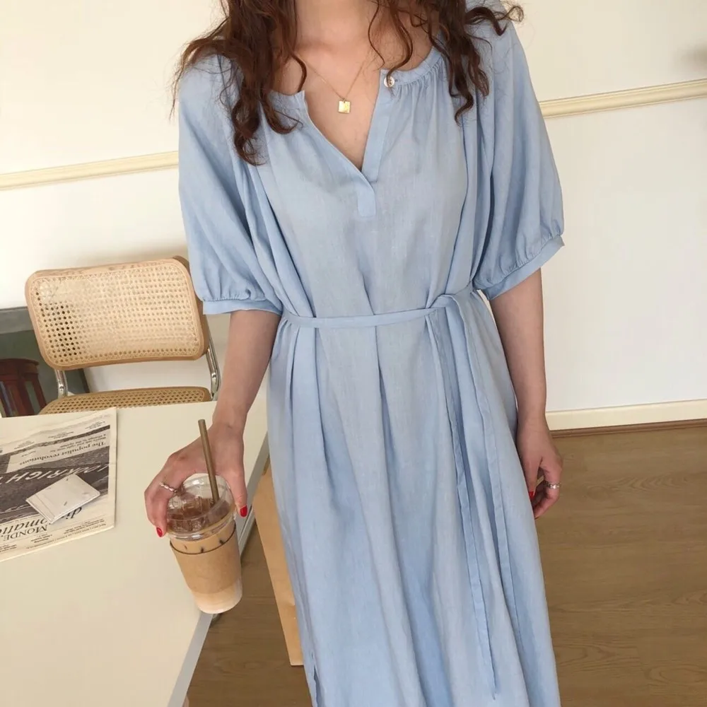 

Платье женское хлопково-льняное с V-образным вырезом, длинное винтажное однотонное платье-рубашка с рукавом до локтя, с разрезом и поясом, на...