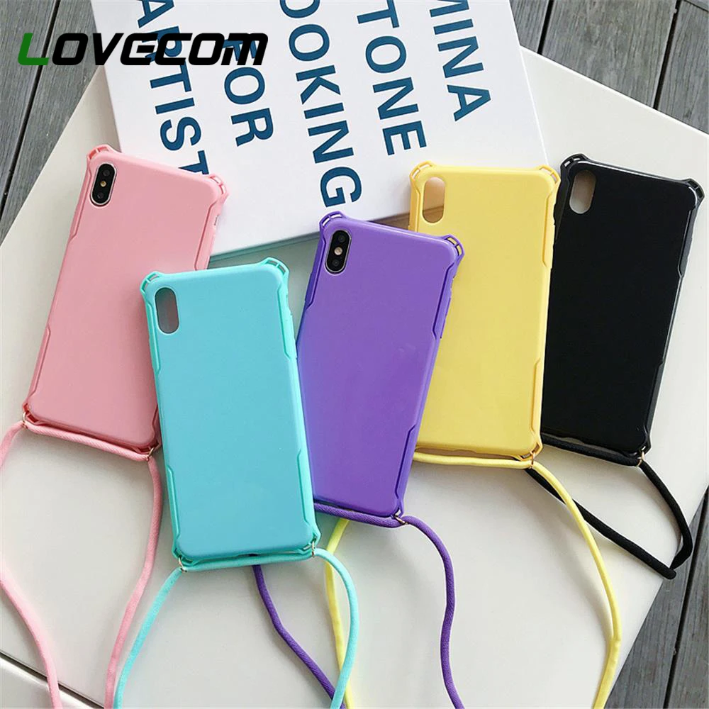 LOVECOM Solid Color Corners Shockproof Phone Case For iPhone 11 Pro Max XR X XS 7 8 6S Plus Soft IMD Cover With Rope | Мобильные